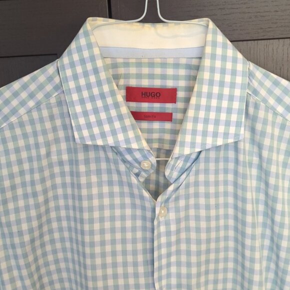 Men's Hugo Boss Blue Green Checkered Button Down Dress Shirt Size 41 - Picture 3 of 7